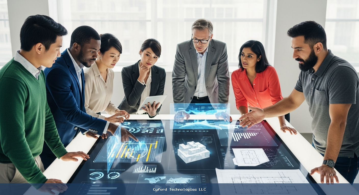 diverse modern business team collaborating around a smart technology table